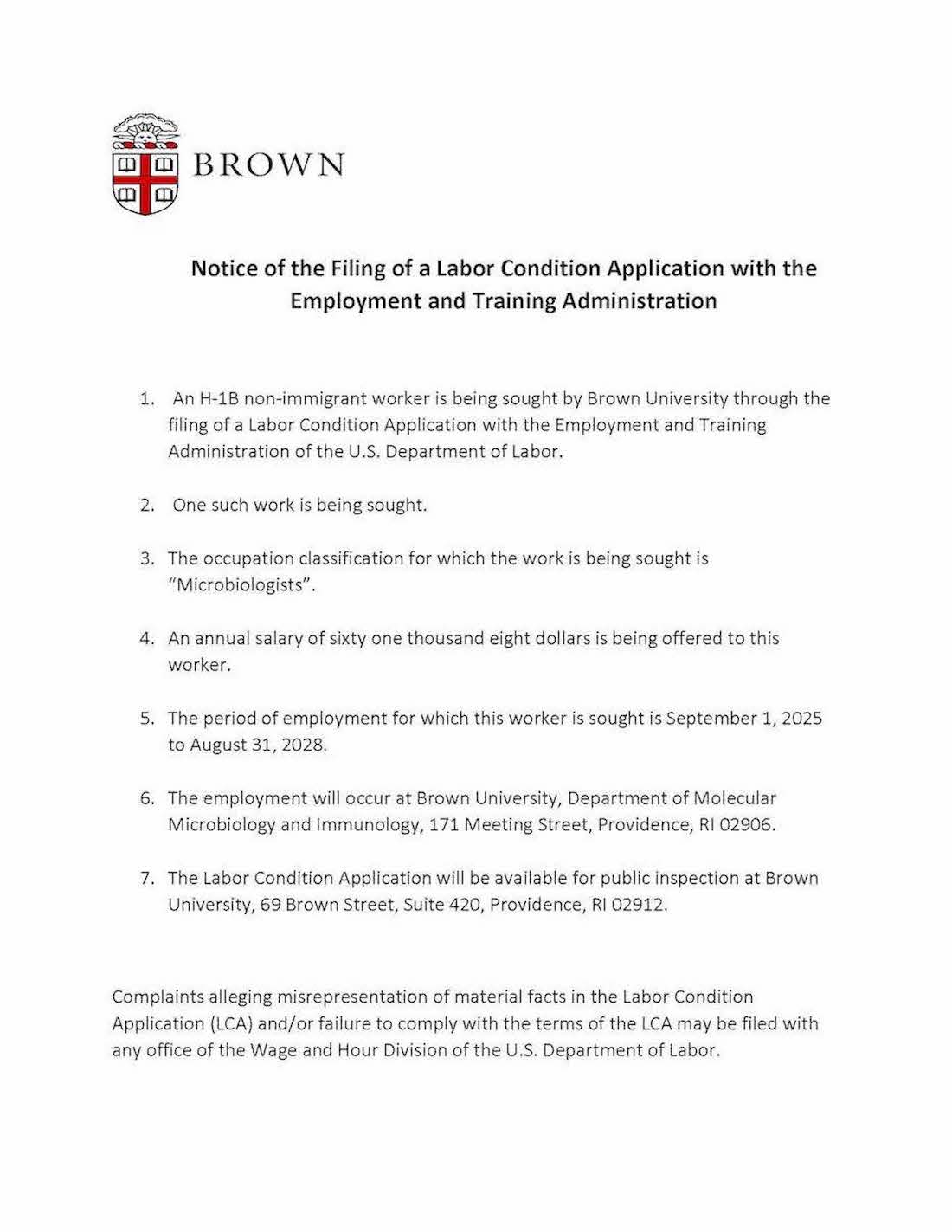 picture of notice of the filing of a labor condition application with the employment and training administration