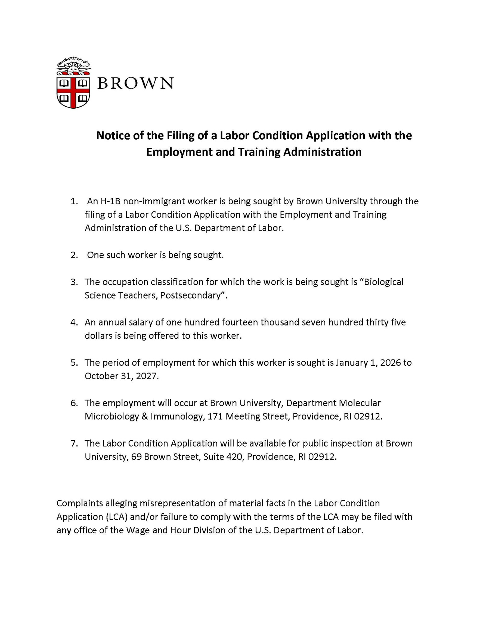 picture of notice of the filing of a labor condition application with the employment and training administration
