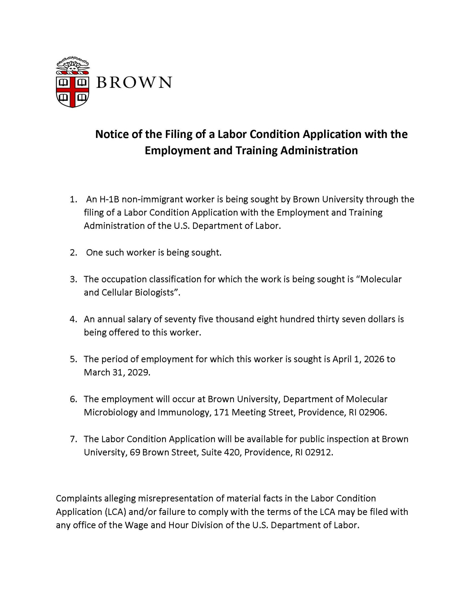 picture of notice of the filing of a labor condition application with the employment and training administration